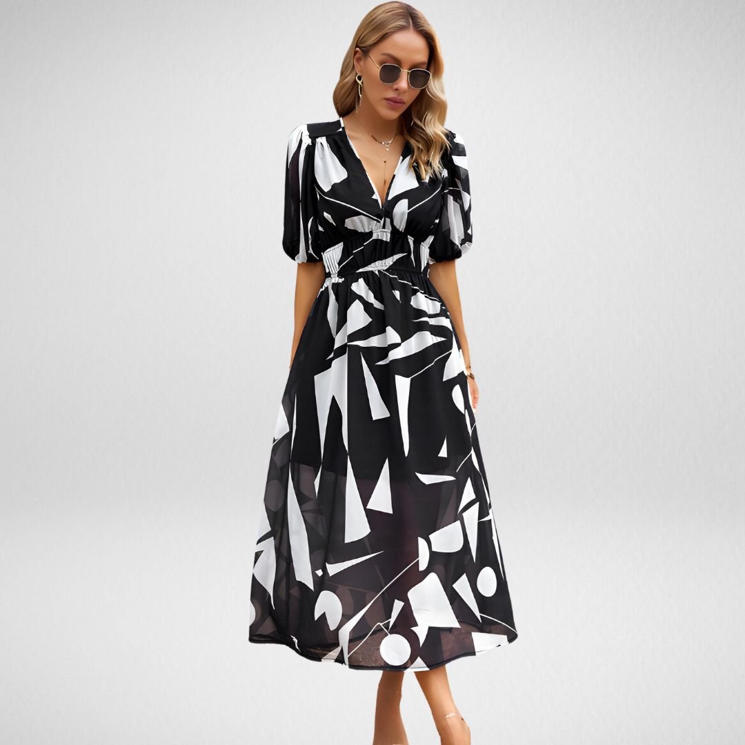 Damen Gedrucktes V-Ausschnitt Midi Kleid - Serena