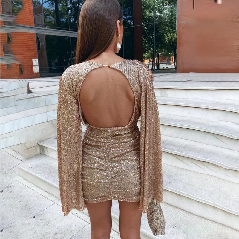 Damen Glitzer V-Ausschnitt Party Mini Kleid - Rosie
