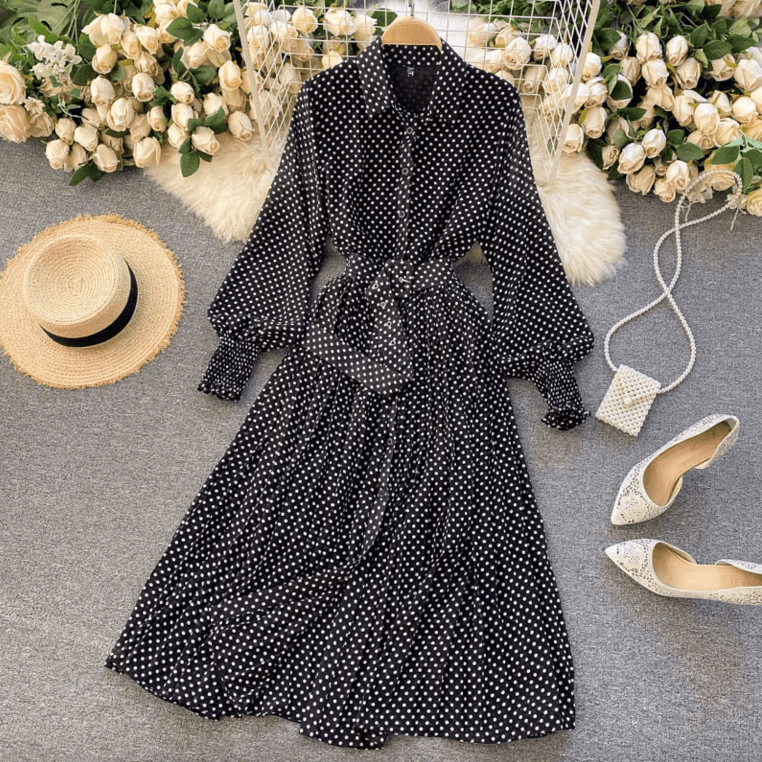 Damen Gürteldesign Polka Punkt Midi Kleid - Chloe