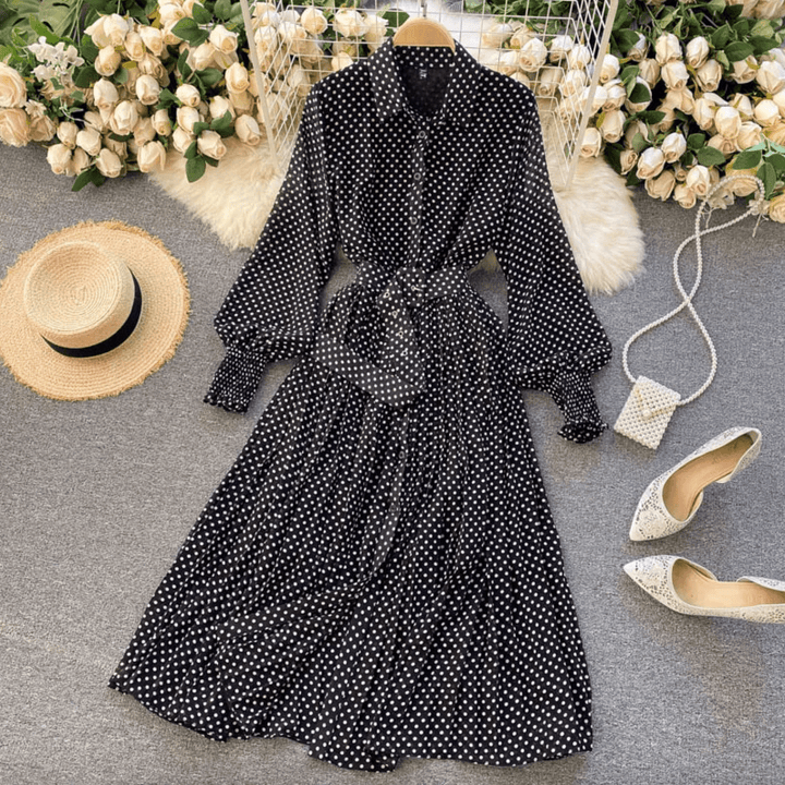 Damen Gürteldesign Polka Punkt Midi Kleid - Chloe
