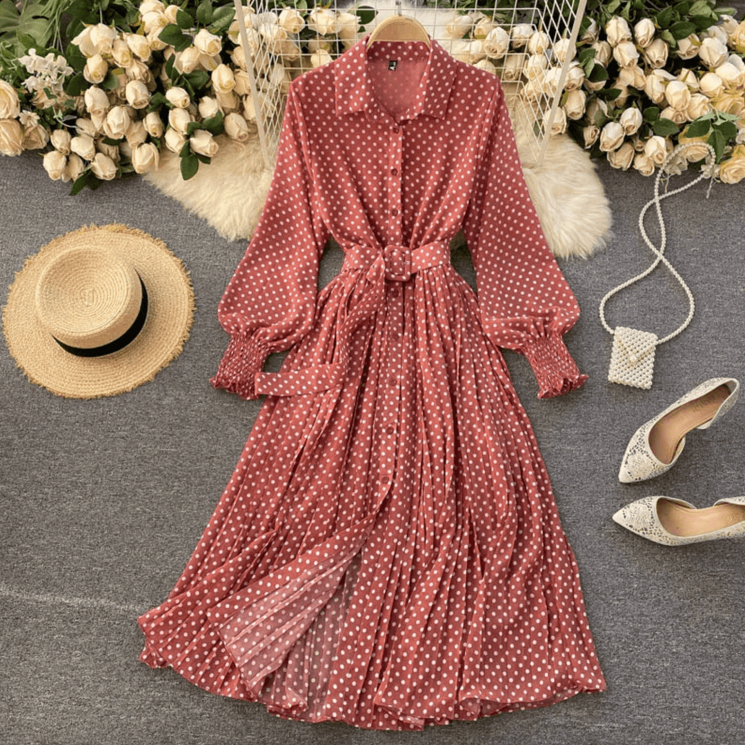 Damen Gürteldesign Polka Punkt Midi Kleid - Chloe
