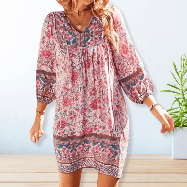 Damen Langarm Boho Bedrucktes Mini Kleid - Sophie