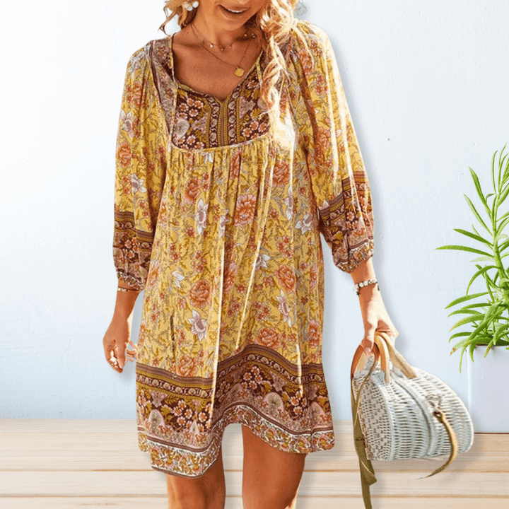 Damen Langarm Boho Bedrucktes Mini Kleid - Sophie