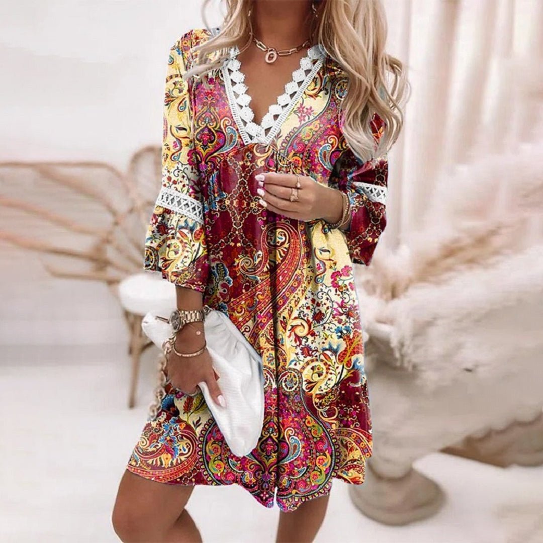 Damen Langarm Boho Mini Kleid - Madeleine