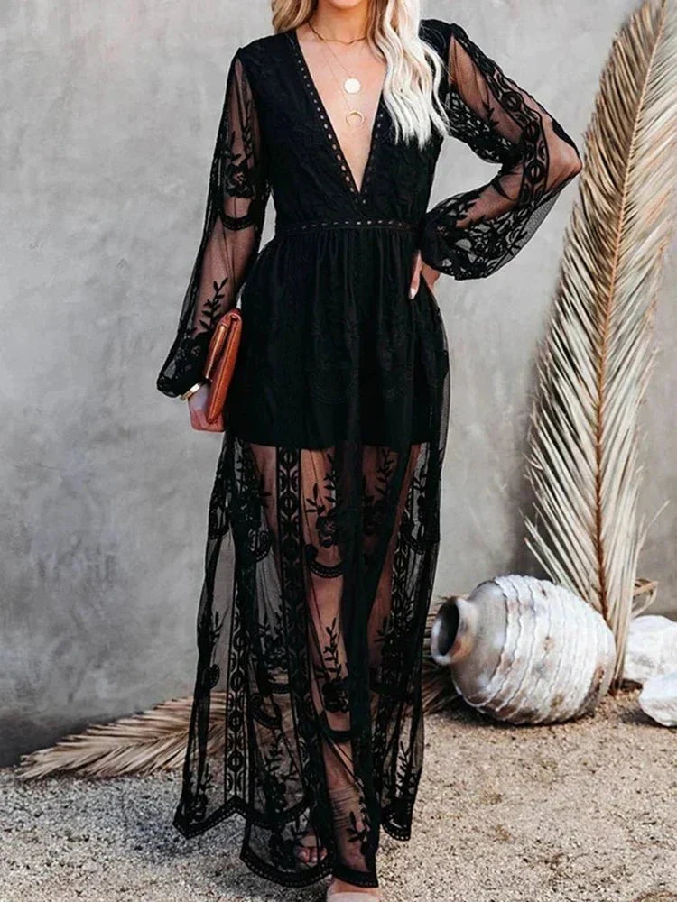 Damen Langarm Boho Spitze Maxi Kleid - Emilia