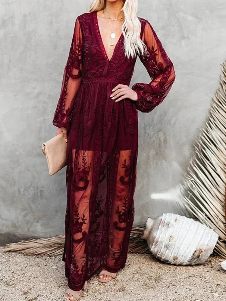 Damen Langarm Boho Spitze Maxi Kleid - Emilia