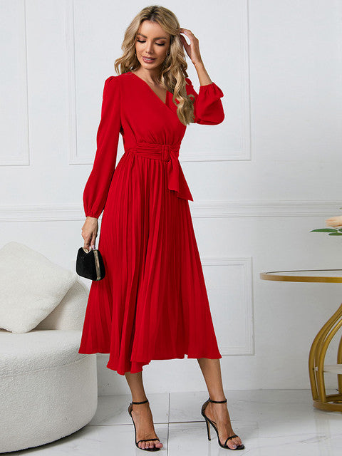 Damen Midikleid mit Gürtel und Falten - Nicole