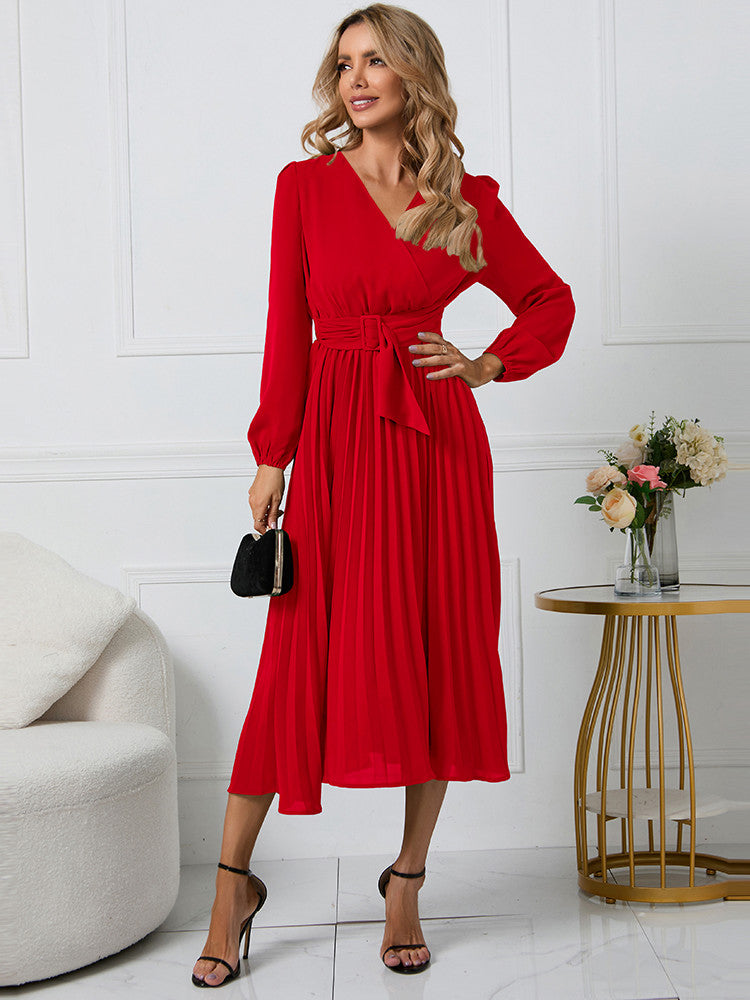 Damen Midikleid mit Gürtel und Falten - Nicole
