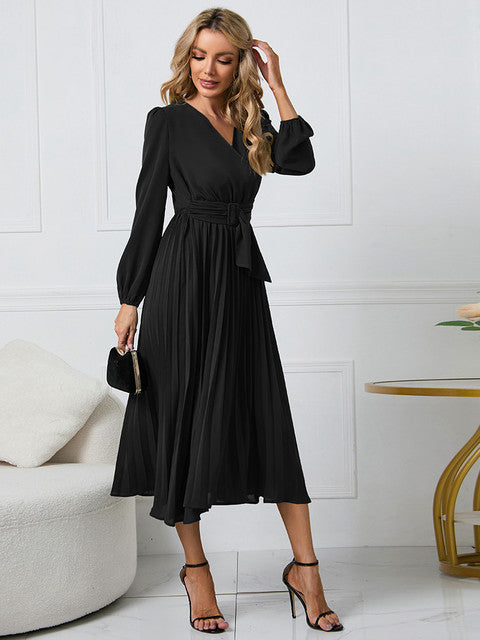 Damen Midikleid mit Gürtel und Falten - Nicole