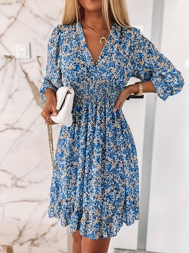 Damen Puffärmel Boho Mini Kleid - Ava