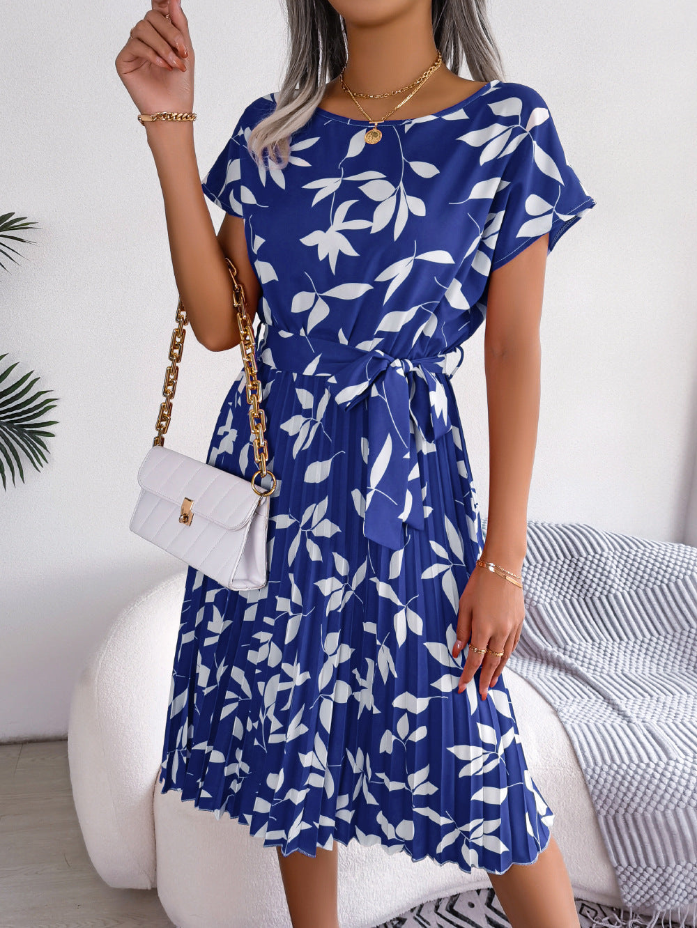 Damen Rüschblätterdruck Midi Kleid - Nina