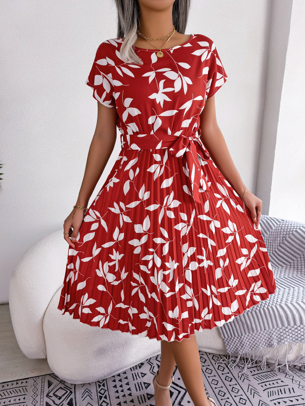 Damen Rüschblätterdruck Midi Kleid - Nina
