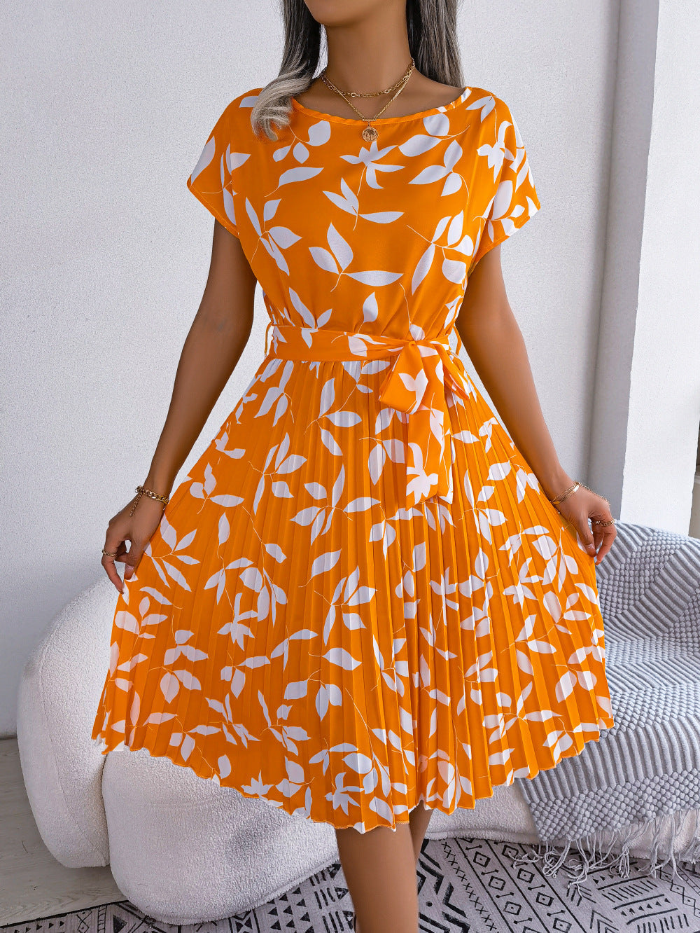 Damen Rüschblätterdruck Midi Kleid - Nina