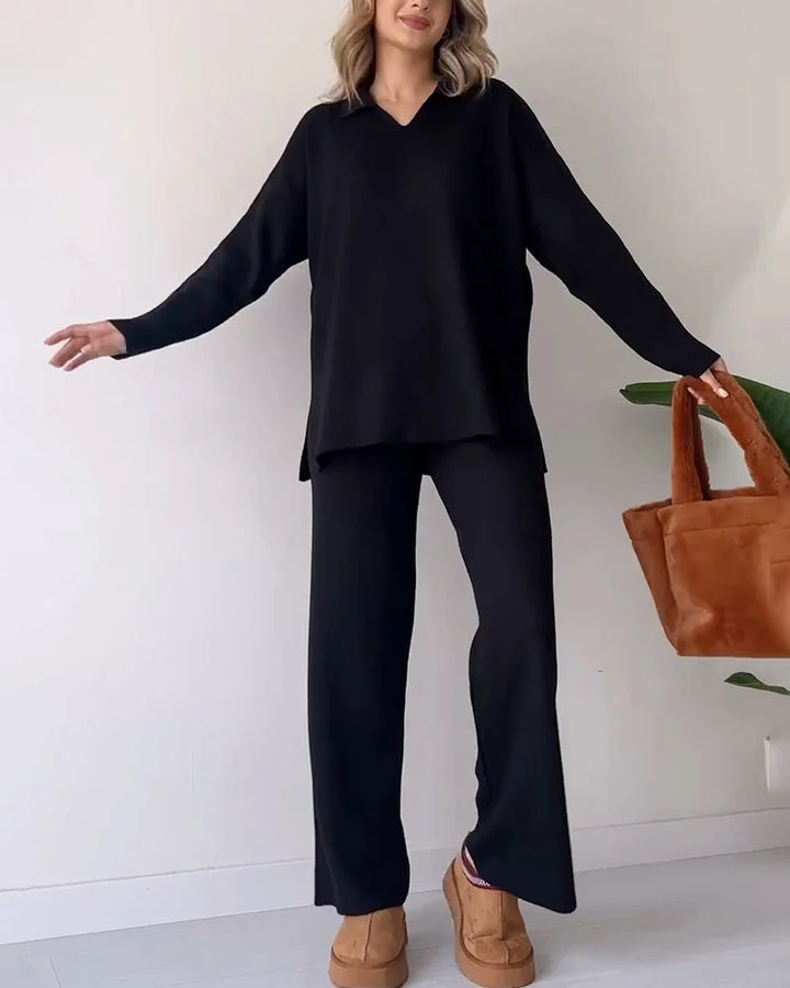 Damen V-Ausschnitt Casual Schlitz gestrickt Zweiteiliges Set