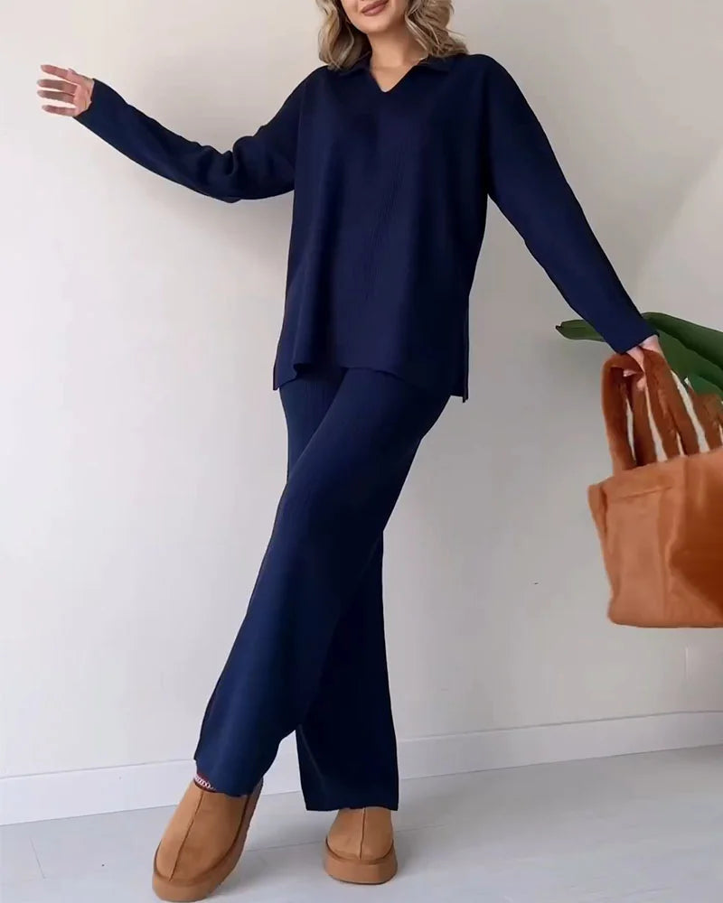 Damen V-Ausschnitt Casual Schlitz gestrickt Zweiteiliges Set