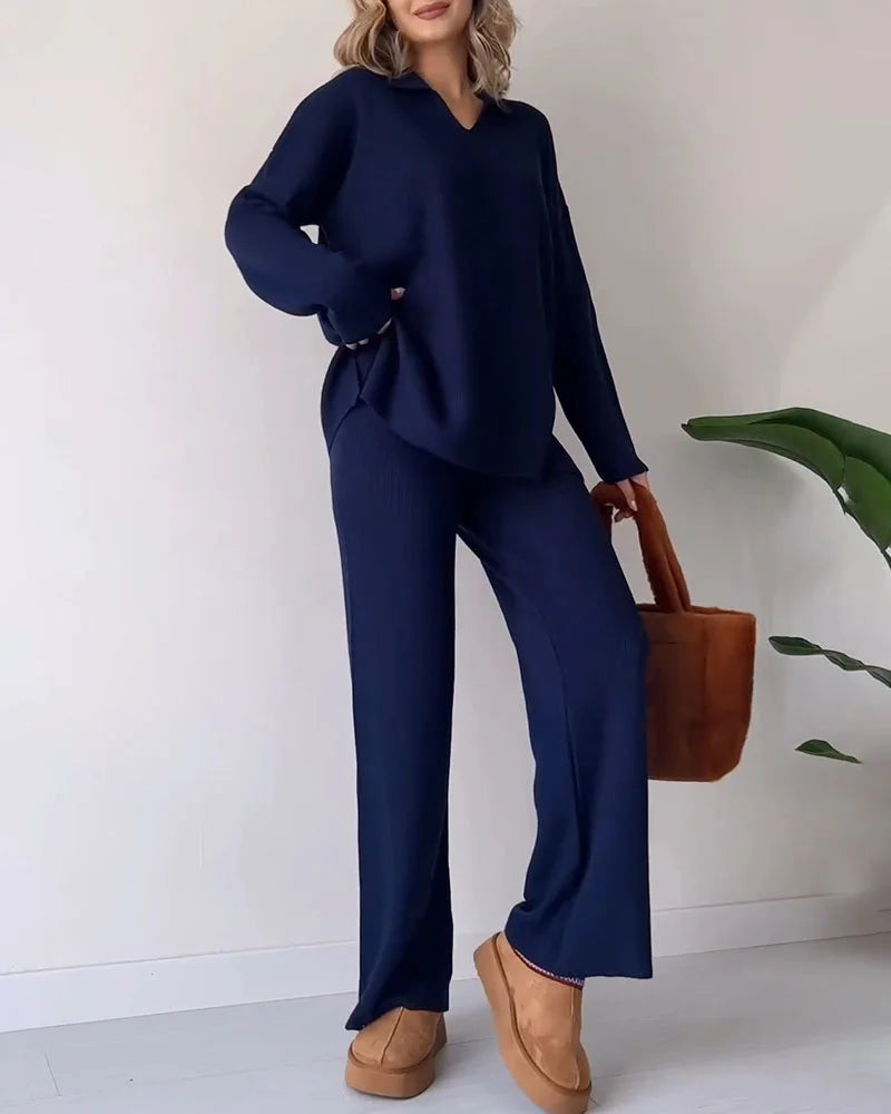 Damen V-Ausschnitt Casual Schlitz gestrickt Zweiteiliges Set