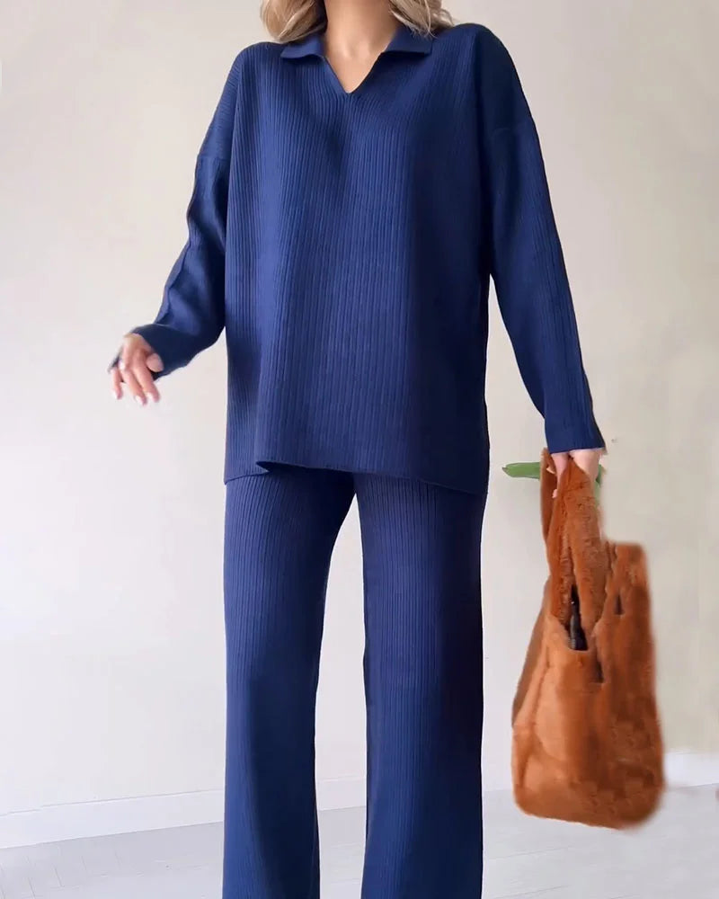 Damen V-Ausschnitt Casual Schlitz gestrickt Zweiteiliges Set