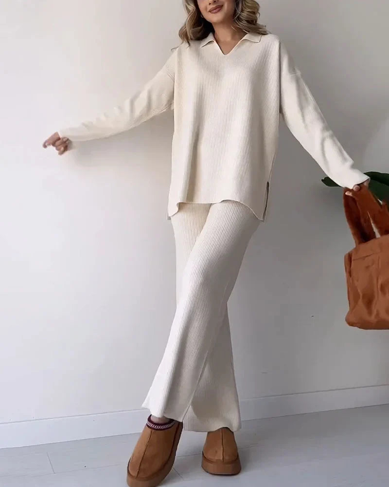 Damen V-Ausschnitt Casual Schlitz gestrickt Zweiteiliges Set