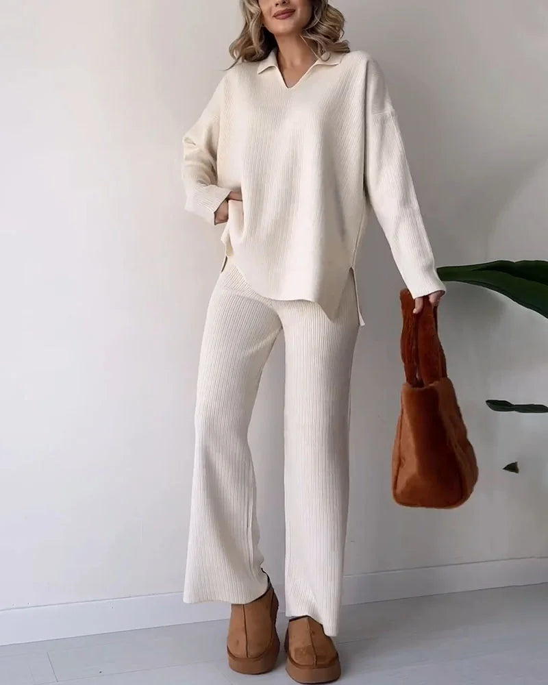 Damen V-Ausschnitt Casual Schlitz gestrickt Zweiteiliges Set
