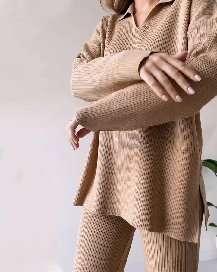 Damen V-Ausschnitt Casual Schlitz gestrickt Zweiteiliges Set