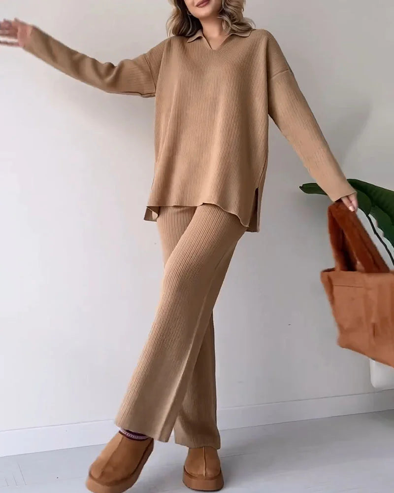 Damen V-Ausschnitt Casual Schlitz gestrickt Zweiteiliges Set