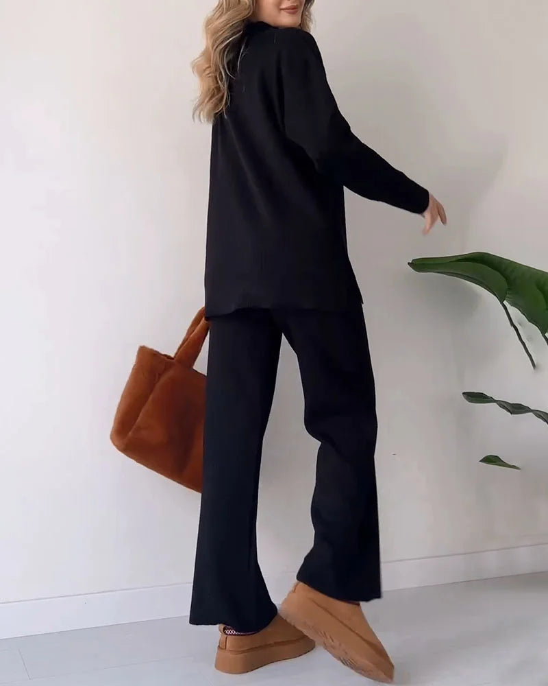 Damen V-Ausschnitt Casual Schlitz gestrickt Zweiteiliges Set