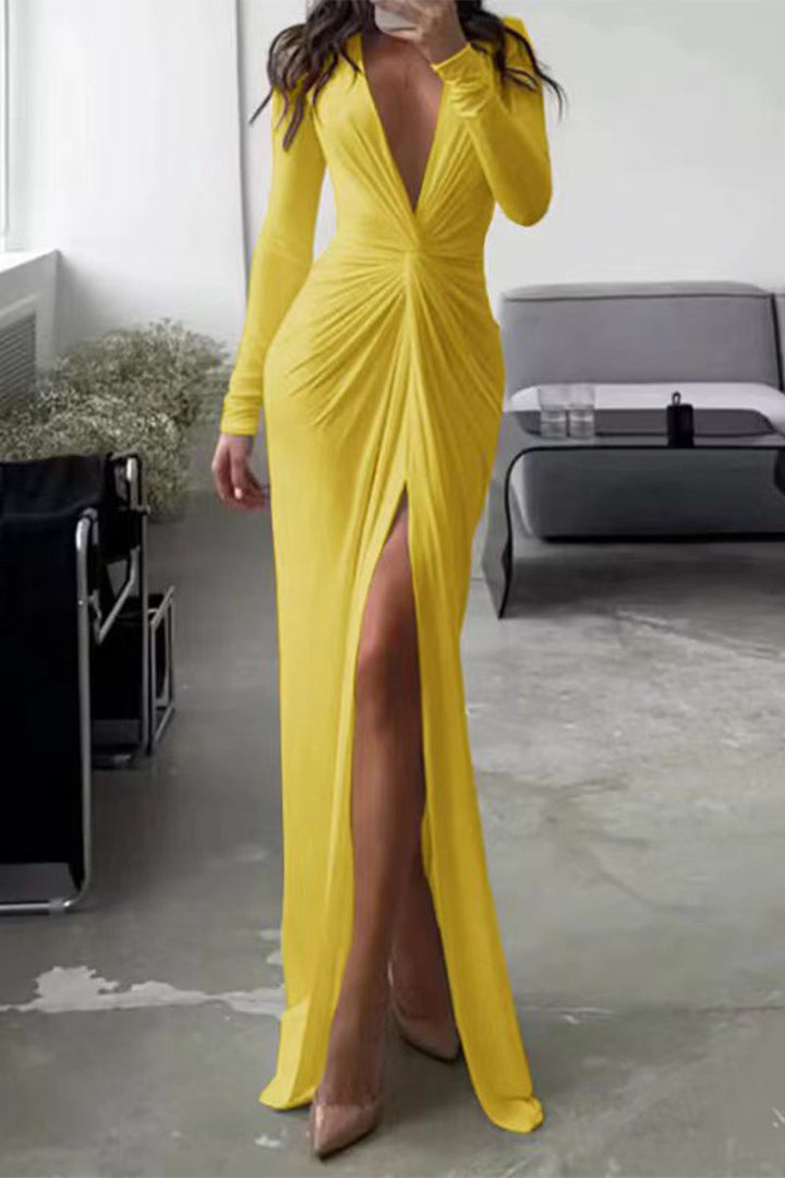 Damen V-Ausschnitt Falten Maxi Kleid - Maya
