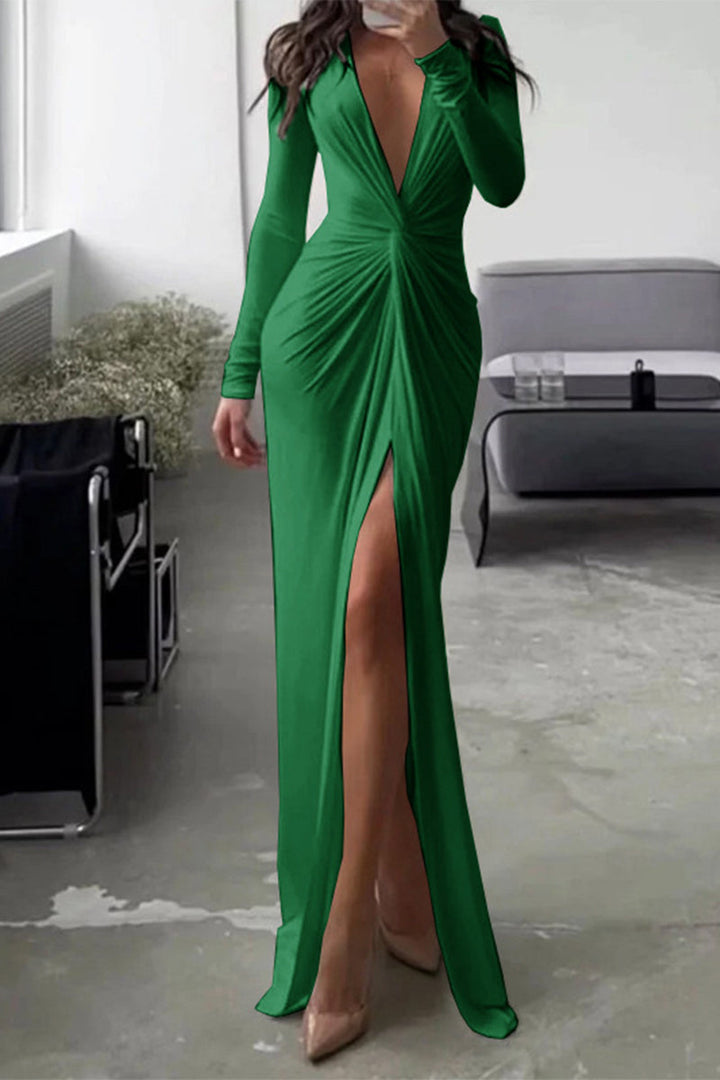 Damen V-Ausschnitt Falten Maxi Kleid - Maya