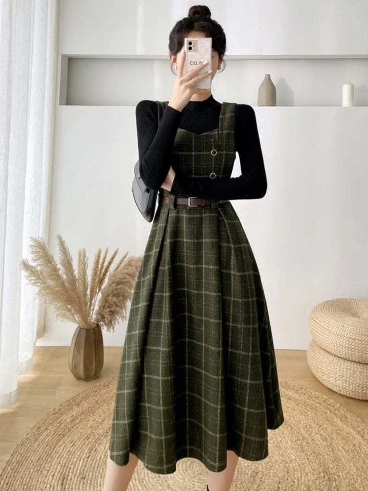 Damen Vintage Karierter Midi Kleid - Elise