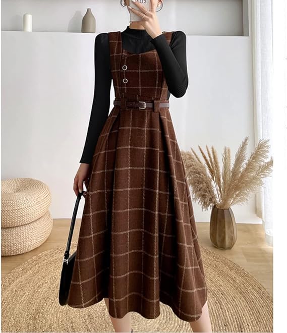 Damen Vintage Karierter Midi Kleid - Elise