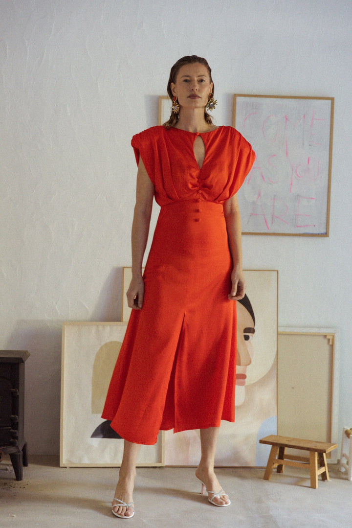Damen Vivid Red Midi Kleid - Lucy