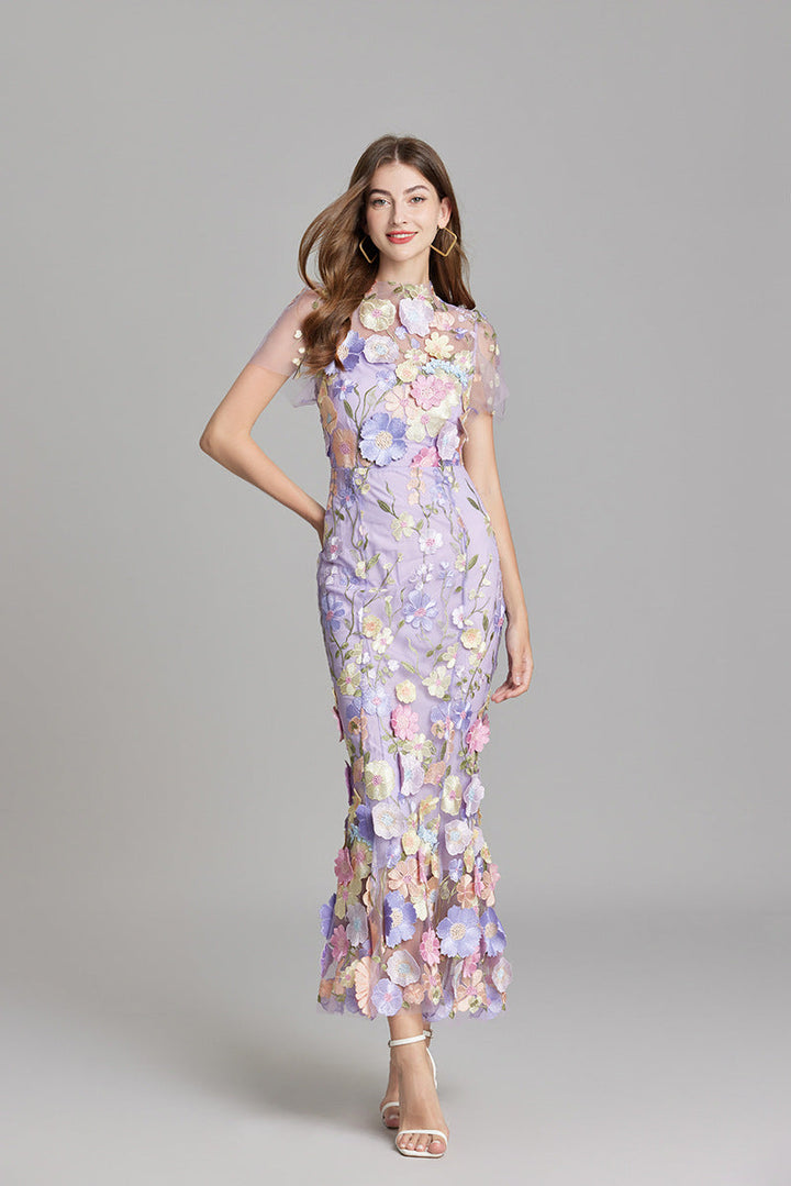Damenkleid Maxi | 3D-Blüten-Optik & definierte Silhouette