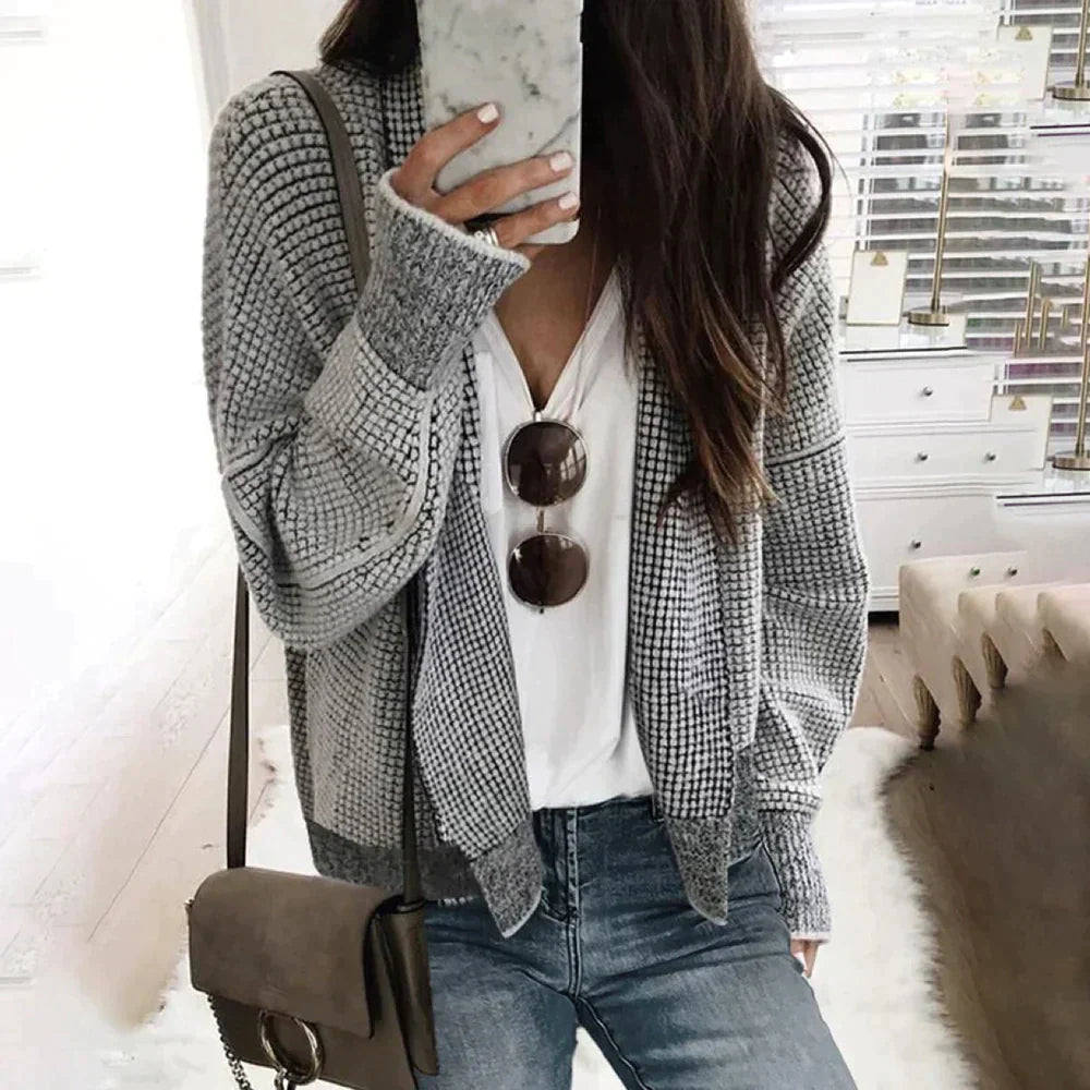 Damenmode Graue Einfarbige Langärmelige Strickjacke