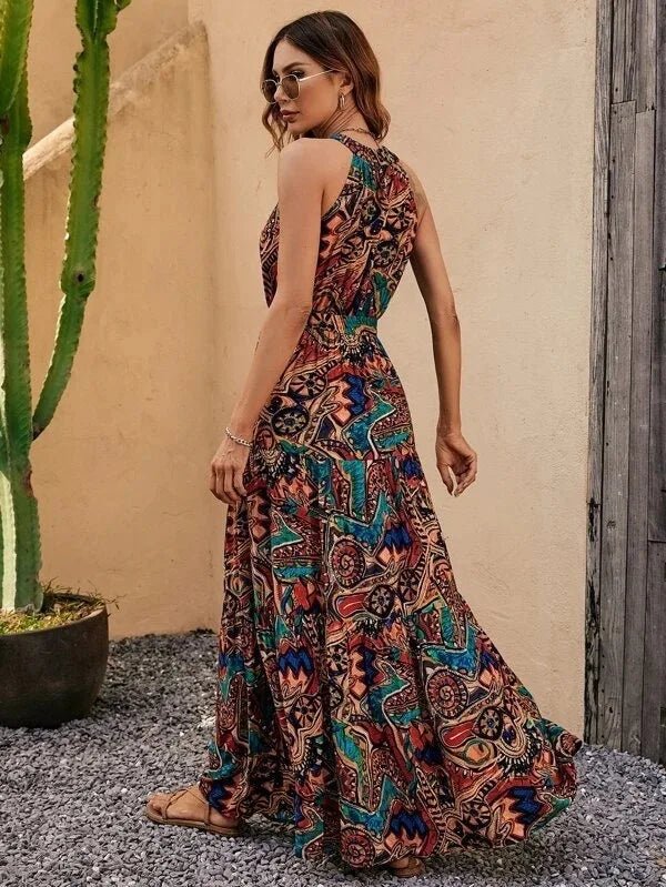 Damen's Gedrucktes Halfter Hals Maxi Kleid - Philine