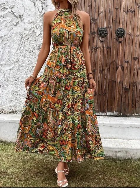 Damen's Gedrucktes Halfter Hals Maxi Kleid - Philine