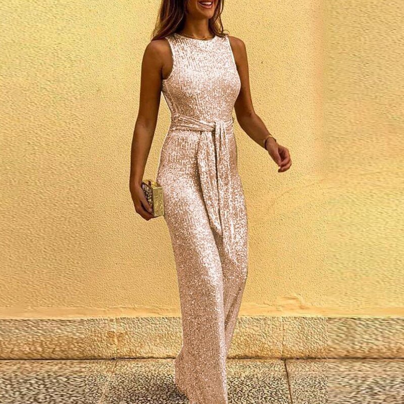 Einteiler Damen Jumpsuit | Pailletten-Glanz & Taillenbetont
