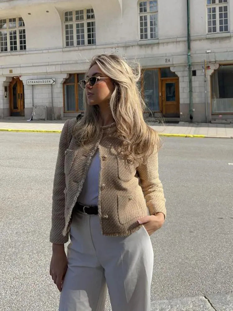 Yvonne | Damen Elegante Tweed-Jacke mit Knopfleiste