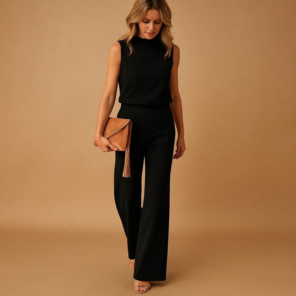 Damen Jumpsuit elegant Rundhals weitbeinig