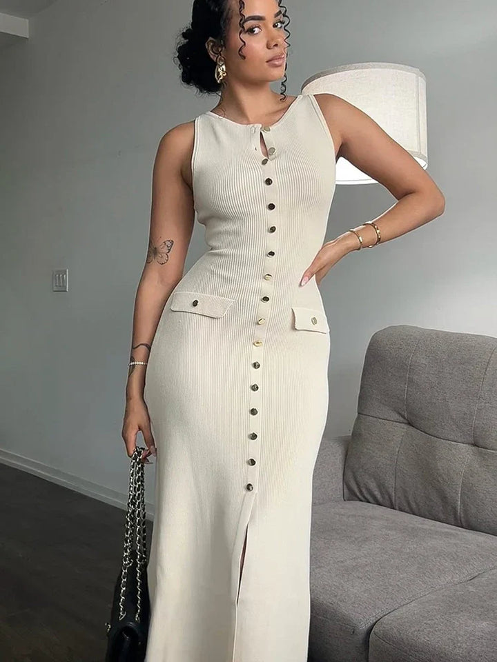 Elegantes Strickkleid Damen mit O-Ausschnitt und Knopfleiste