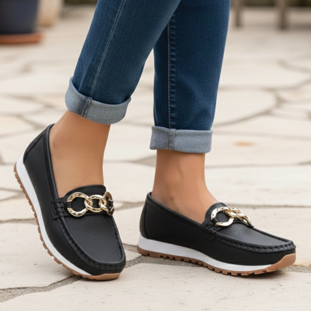 Flache Damen-Loafer mit Schnallen | Rutschfeste Sohle