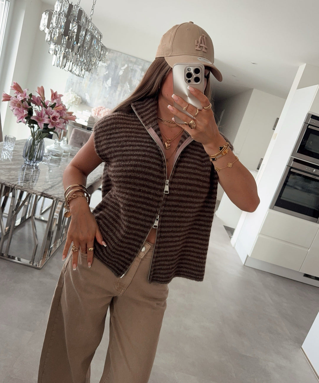 Kurzarm Strickjacke Vania Streifen Braun Taupe Ladypolitan ♡