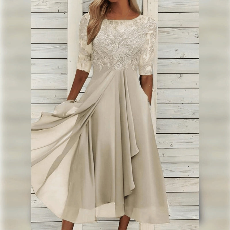 Midi Jurk Dames Chiffon Kant Driekwart Mouw