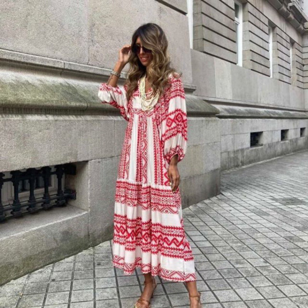 Flora | Elegantes Damen Maxikleid mit V-Ausschnitt – Fließend, Geometrischer Druck für den Sommer 14