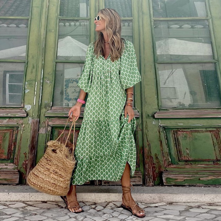 Flora | Elegantes Damen Maxikleid mit V-Ausschnitt – Fließend, Geometrischer Druck für den Sommer 18