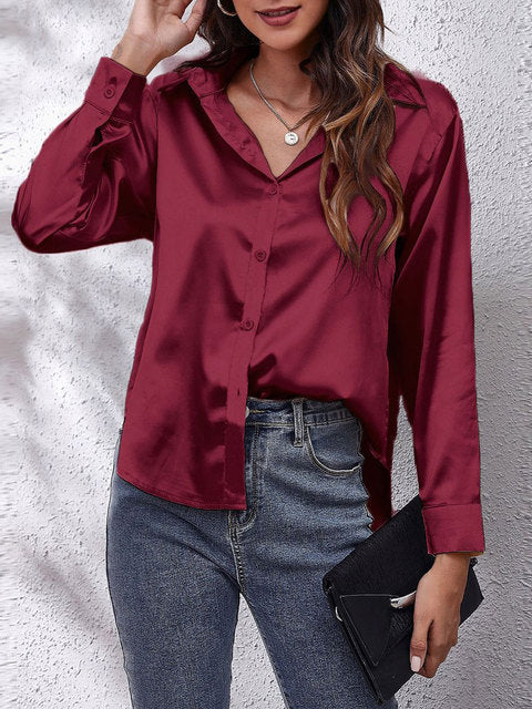 Elegante Bluse Damen Satinoptik Langarm