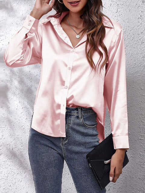 Elegante Bluse Damen Satinoptik Langarm