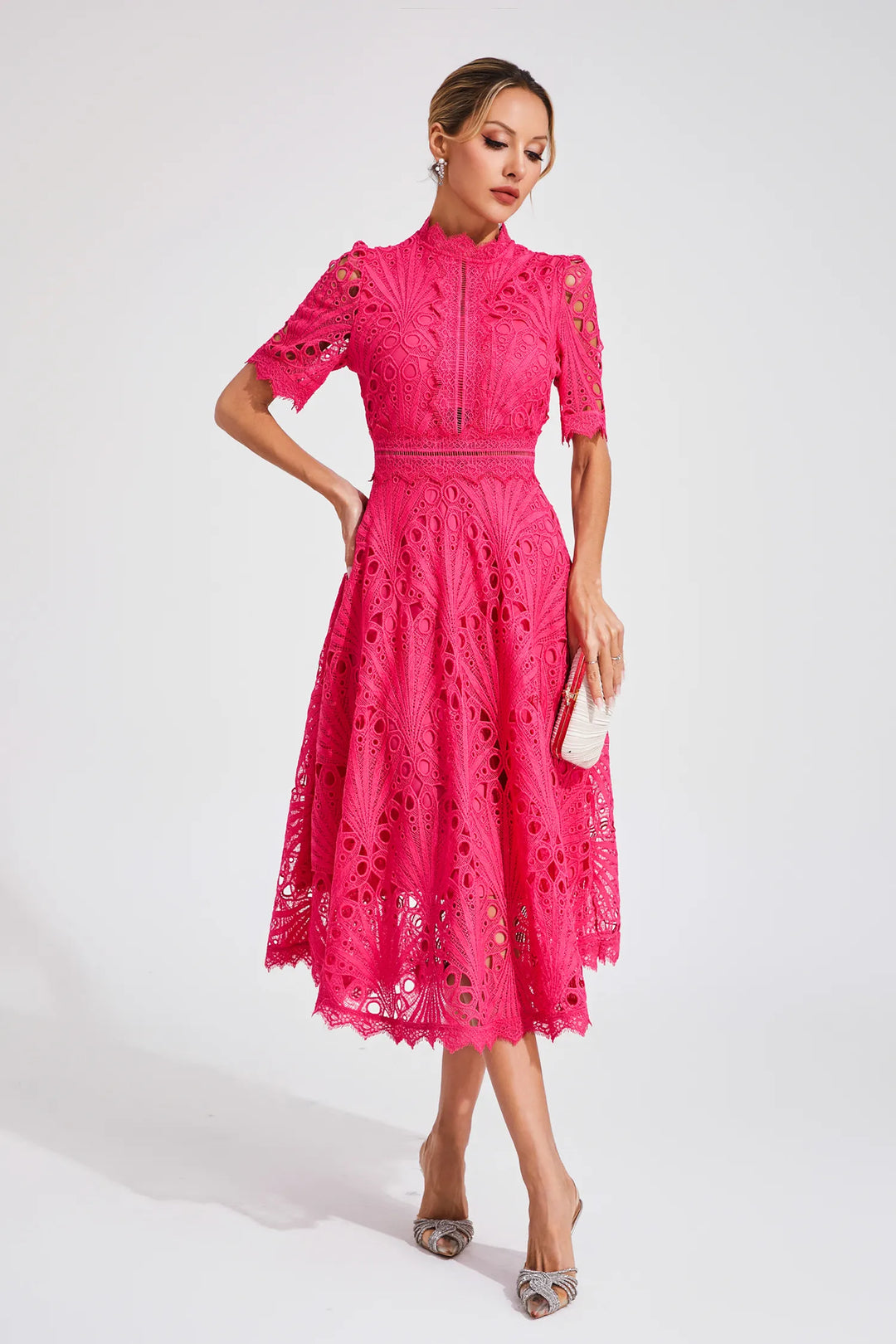 Jasmin | Damen Schickes Spitzen Midi Kleid