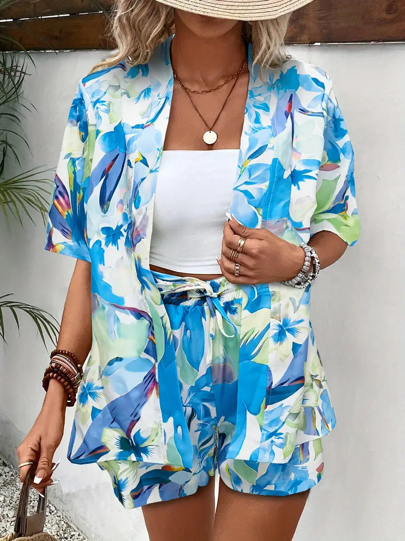 Galia | Atmungsaktives, Leichtes Kimono-Set mit Blumenmuster und Shorts 11