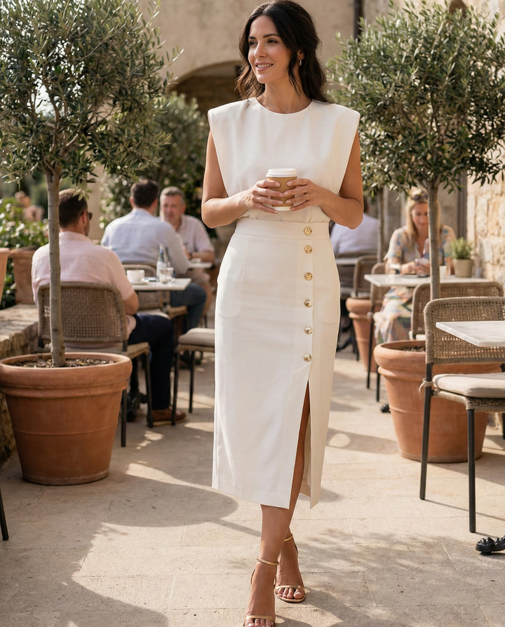 Emilia – Elegant Midi Dress with Button Detail and Side Slit - Image 2