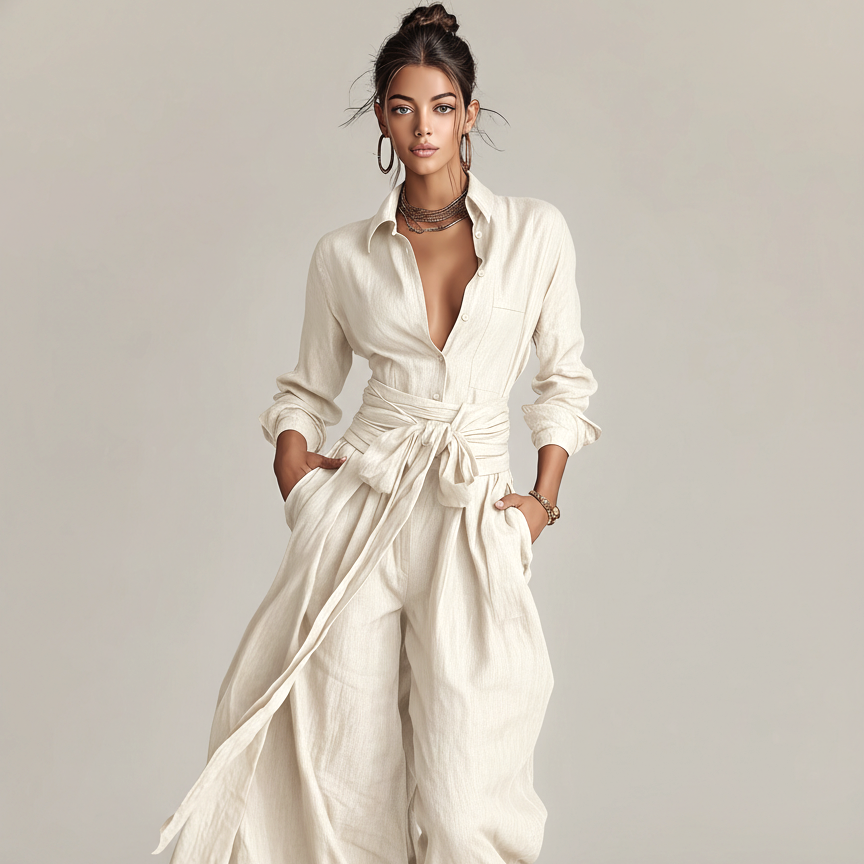 Damen-Jumpsuit aus Leinenmischung mit Gürtel und Hemdkragen